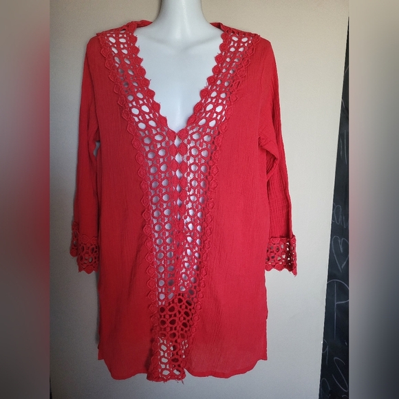 Raviya Vibrant Red Beach Cover Up, Size Medium - Picture 1 of 4